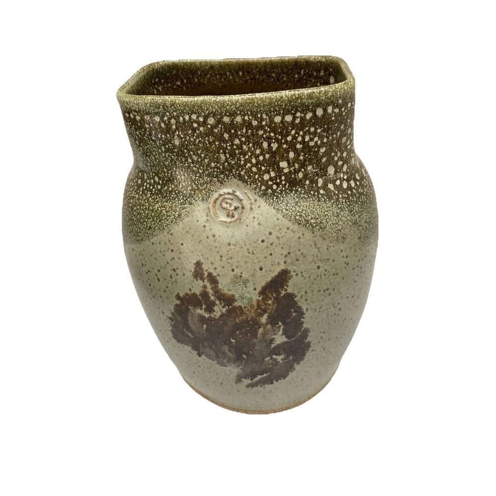 Art Pottery Artist Signed Studio Abstract Mottled Green Brown Bud Vase - Picture 2 of 7